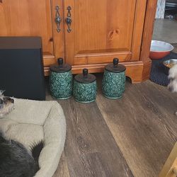 Set of three ceramic and sturdy Pier 1 canisters teal green