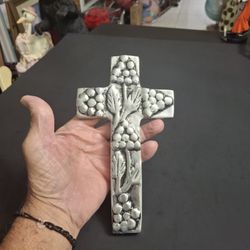 Vintage Polished Mexican Pewter Wall Cross ✝️  Handcrafted In Mexico W/Embossed Grape & Vine Design 8" X 4.5"