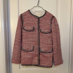 Maje Women’s Metallic Cotton Blend Two Tone Pink Rose Rouge Tweed Jacket Size 36 NWT 