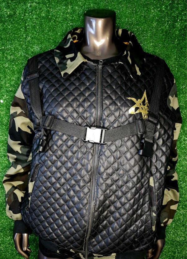 VMS Quilted Leather & Camo Utility Jacket | Tactical Streetwear Bomber | Gold Logo Detail | Unisex Urban Fashion | Limited Drop