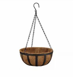 Vigoro English Medium Black Metal Hanging Round Planter with Coco Liner (12 in. L x 12 in. W x 5.7 in. H