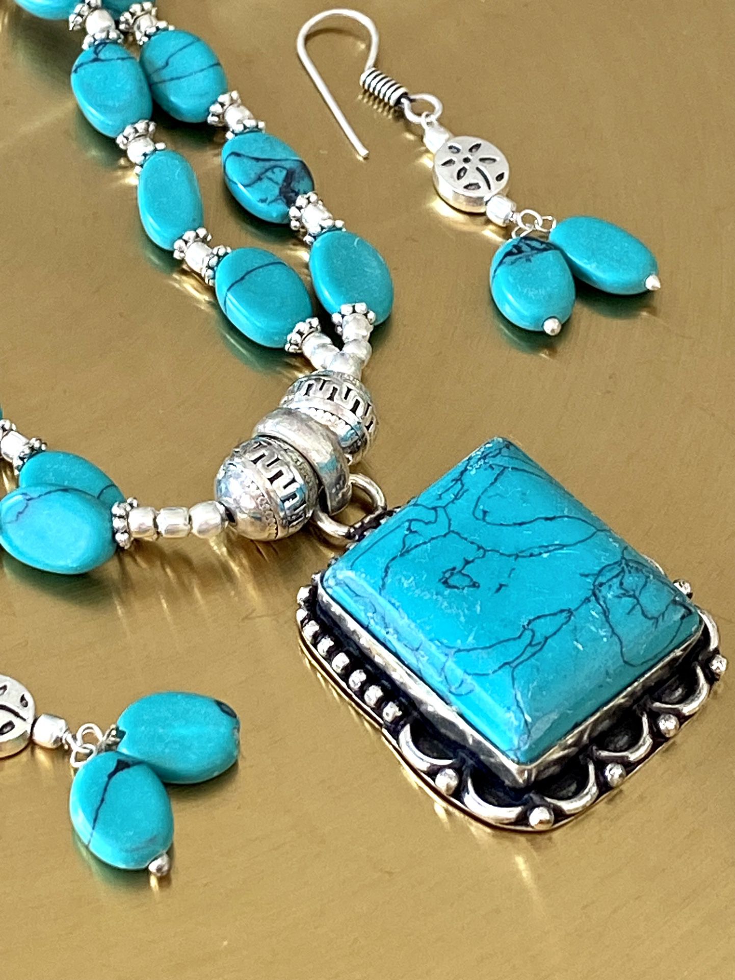 Turquoise Double Stranded Necklace And Earring 925 Sterling Silver Overlay Set
