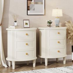 Set of 2 Fenley White 3-Drawer 19.69 in. W Nightstand, Oval Bed Side Table for Bedroom and for Living Room, Fully Assembled