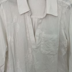 Embroidered White Top Tunic Cotton Large Long Sleeves