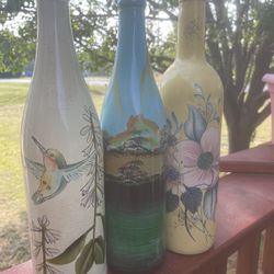 3 Hand Painted Glass Bottles