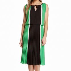 BCBGMAXAZRIA Iona Colorblock Pleated Cold Slit Shoulder Midi Dress - XS 