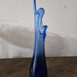 Vintage 10"  Cobalt Blue 5 Finger Swung Art Glass  Vase Hand Blown MCM pulled
