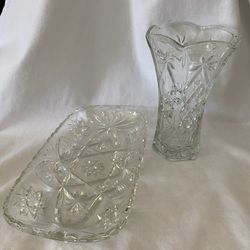Vintage Cut Glass Vase And Tray Set