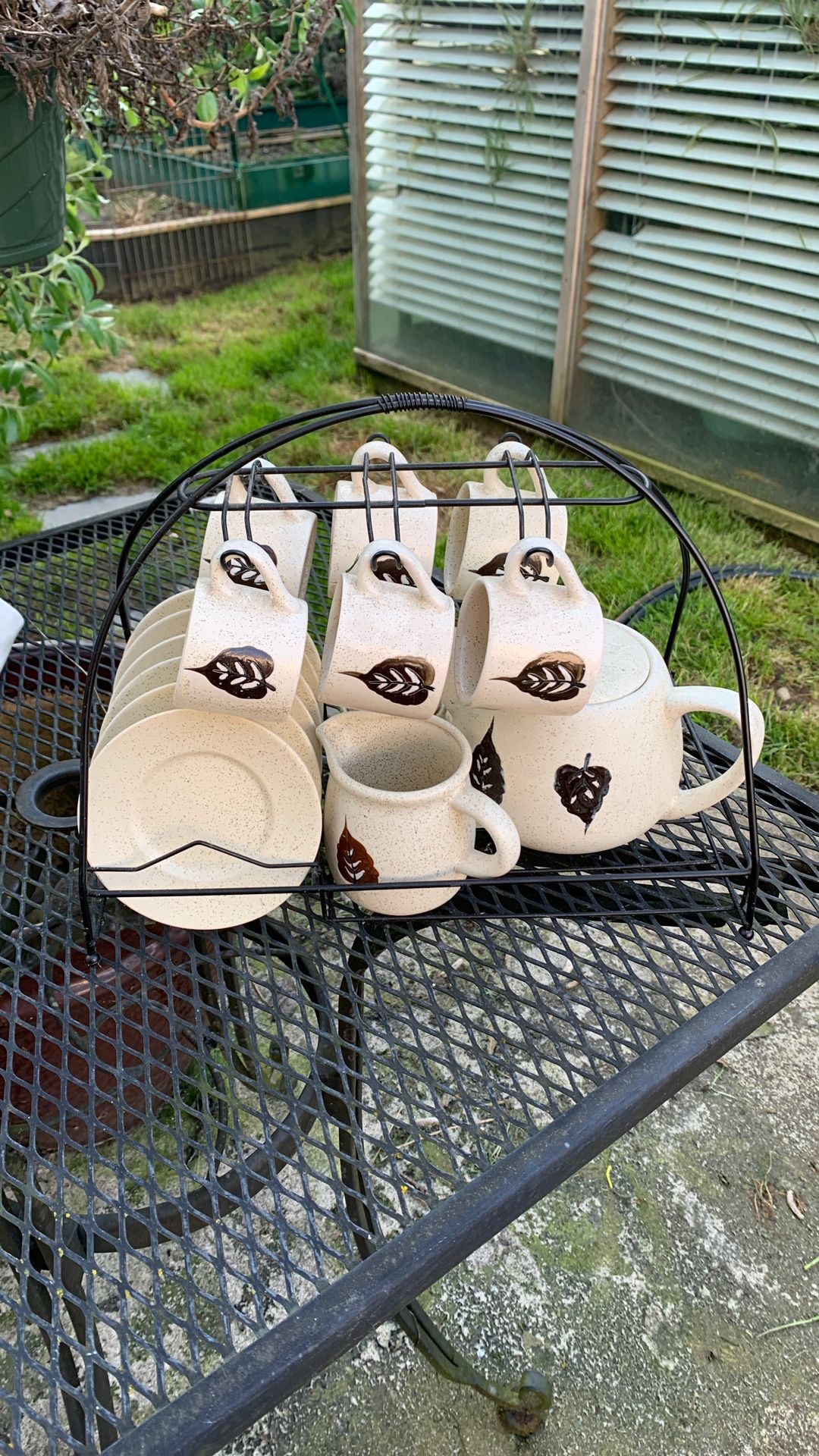 Cute Small Tea Set With Metal Wire Caddy Holder- Service For 6