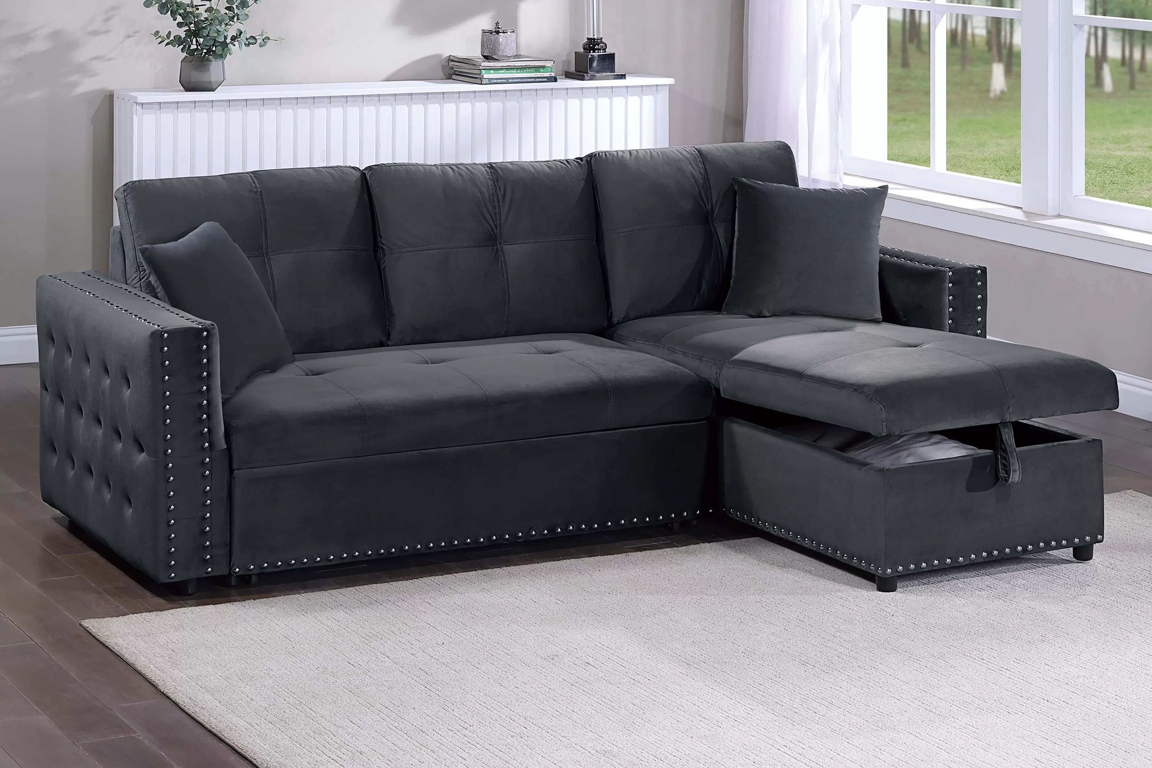Brand new black or gray tufted linen convertible sectional with pullout sofa + storage chaise (Pull-Out Bed: 90" x 61" x 35"H)