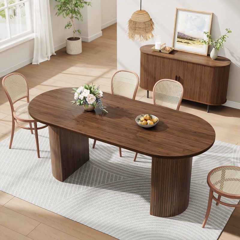 71" Oval Dining Table Kitchen Table With Tambour Double Pedestal Base(TABLE ONLY)