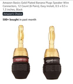 Amazon Basics Gold Plated Banana Plugs Speaker Wire Connectors, 12 Count (6 Pairs), Easy Install, 0.5 x 0.5 x 1.3 inches, Black