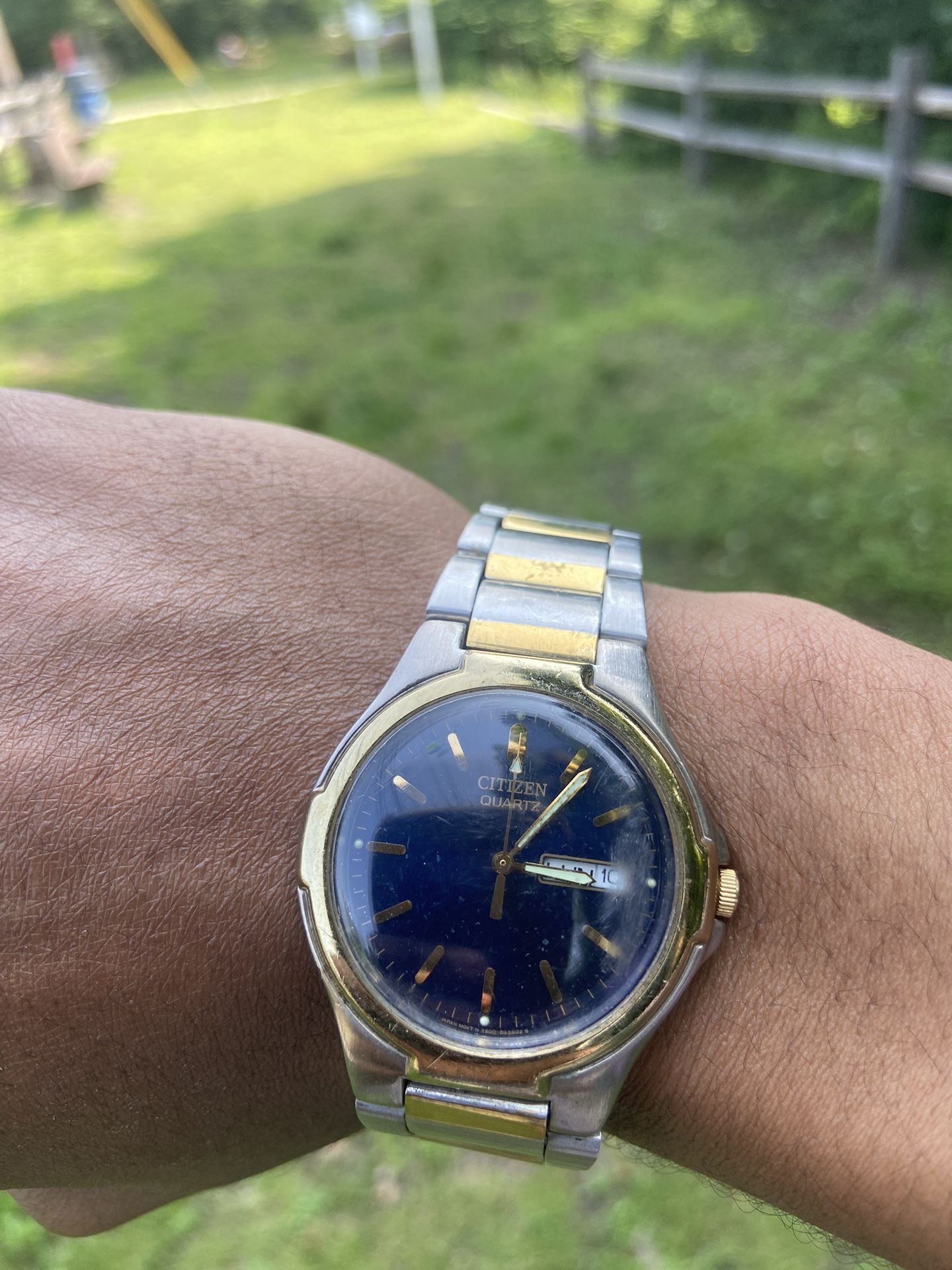 Citizen 36mm WR Blue Dial Day Date Two Tone Men's Watch Used battery works