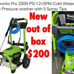 New out of box Greenworks Pro 2300-PSI 1.2-GPM Cold Water Electric Pressure washer with 5 Spray Tips $200 cash only East Palmdale 