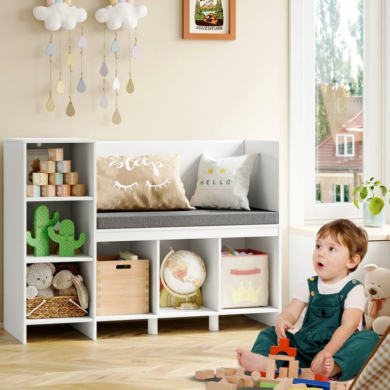 6 Storage Cube Organizer, Open Toy Display Bookshelf with Seat for Kids Room, White Finish