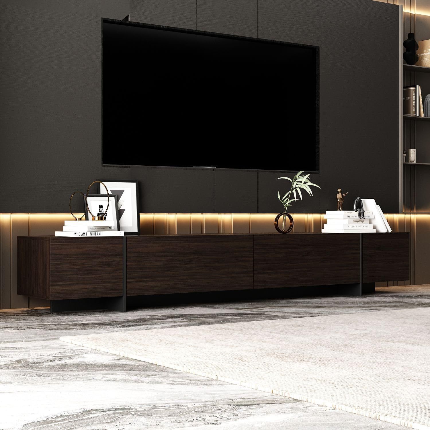 Black and Brown Wooden Grain TV Stand, Entertainment Center Fits TV's up to 90 in. with 4 with Door Shelves for Storage