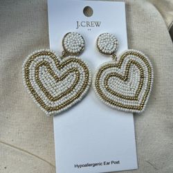 J Crew White And Gold Heart Headed Earrings NWT Brand New Valentines Day