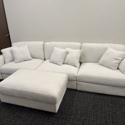 White Large Comfy Sectional Sofa Three-seater With One Ottoman