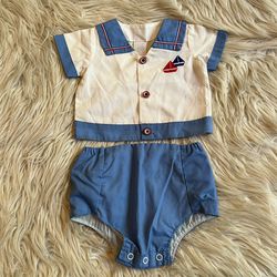 Vintage 80s Sailor Outfit Shirt Diaper Cover Red White Blue Sailboat Boys 0-3M