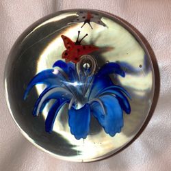 Art Glass Paperweight, Flower & Butterflies