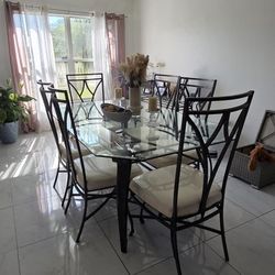 Wrought Iron Glass Top Dining Set & Matching Console Table 
