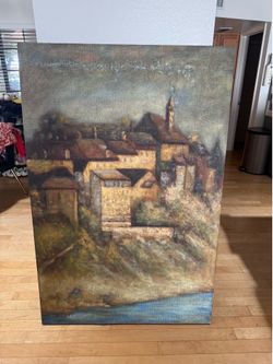 Oversized 61” x 40” Textured Canvas Wall Art – European Village Landscape