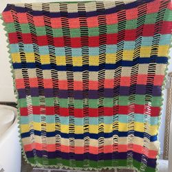 Handmade Afghan crochet throw blanket multicolored granny 44”x51”