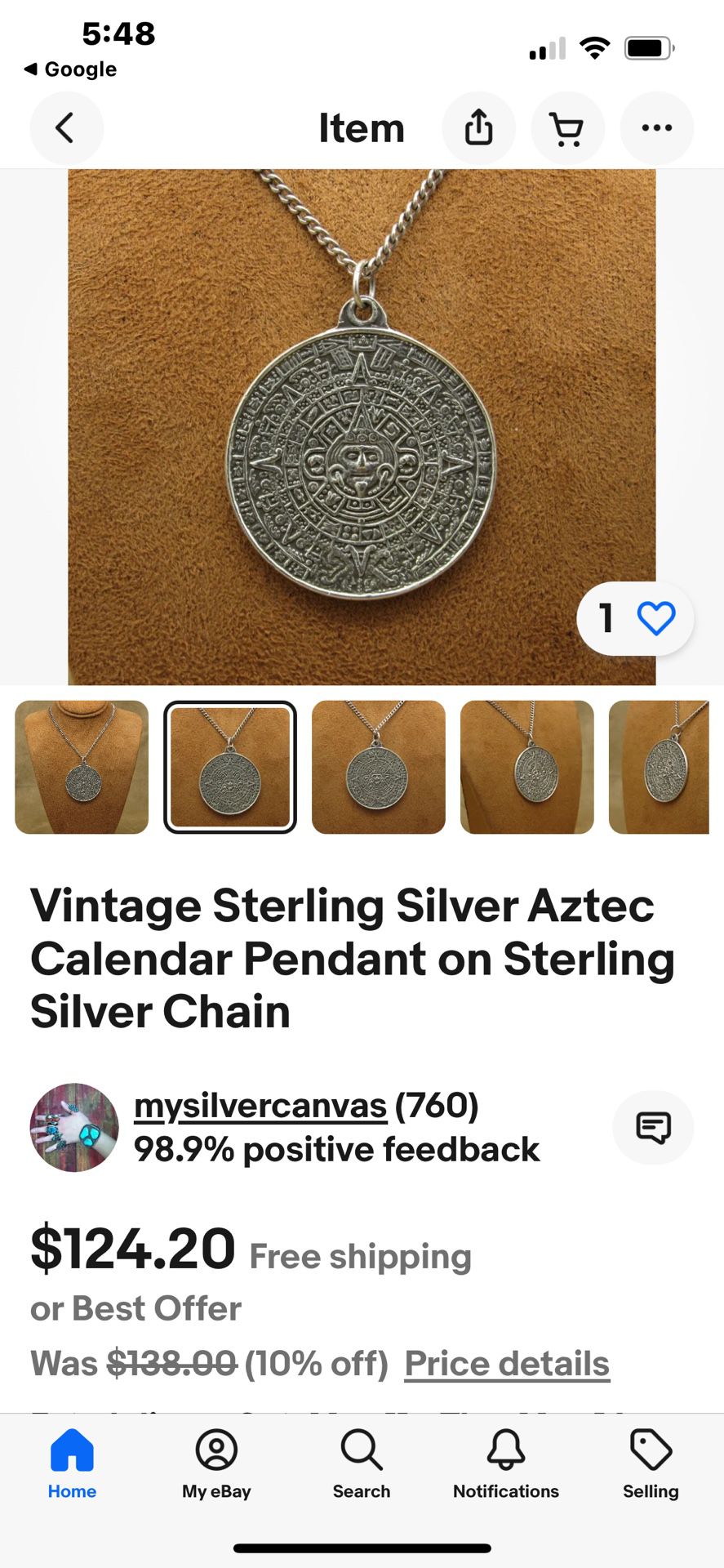 Vintage Sterling Silver Aztec Calendar Pendant 