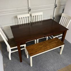 6-PC DINING SET (TABLE WITH EXTENSION LEAF, BENCH AND 4 WIDE SEAT CHAIRS)