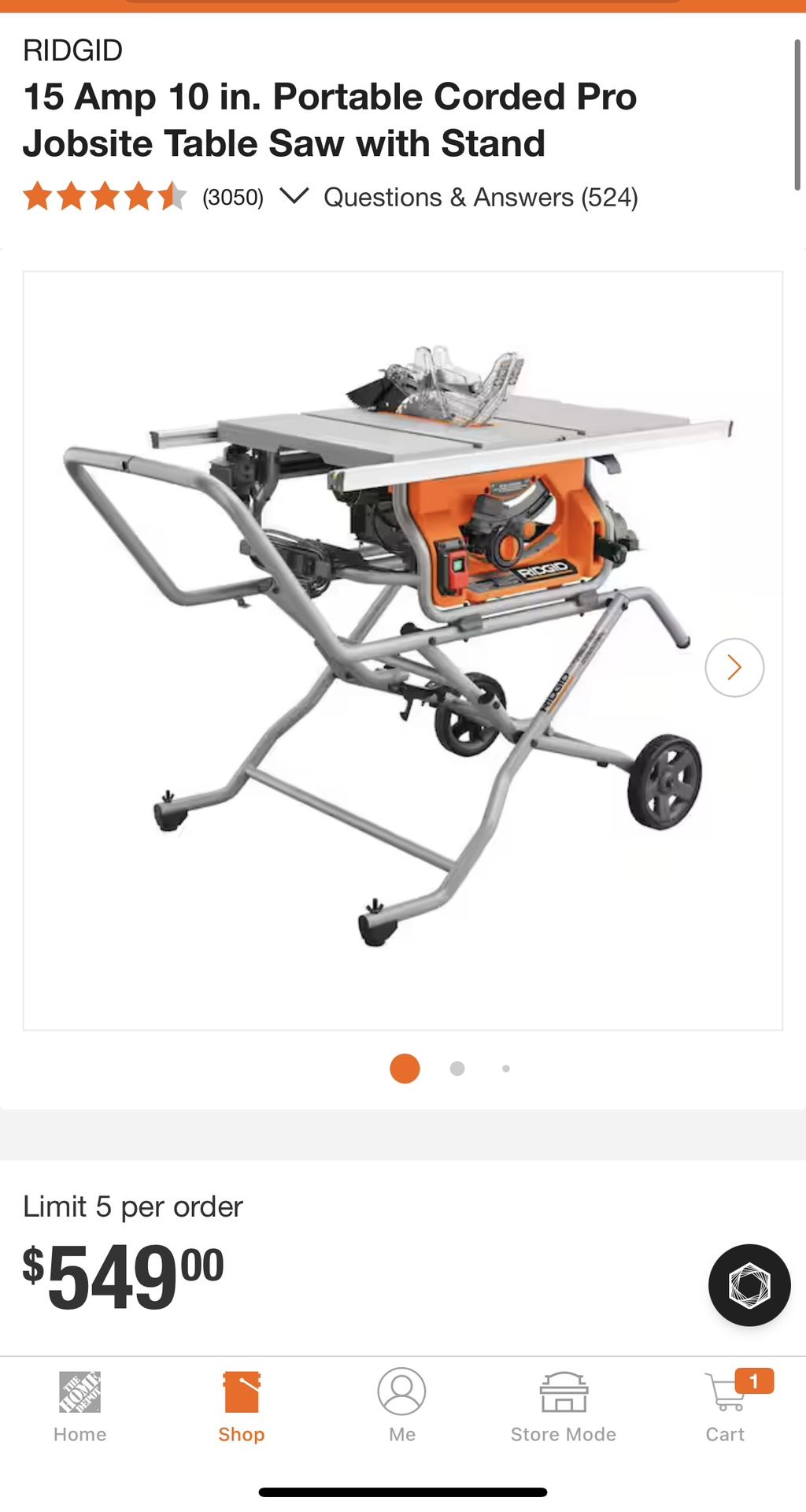 Ridgid 15Amp 10 In Table Saw whit Stand