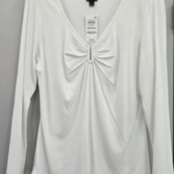 INC Women's White Long Sleeve Blouse With a Front Goldtone U Shape Metal Accent 