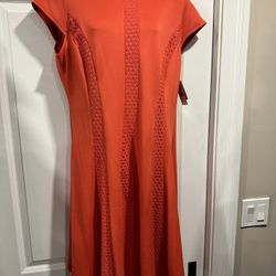 Elegant Coral Dress with Lace Paneling and Gold Zipper Detail