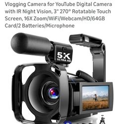 5K Video Camera Camcorder, UHD 64MP Vlogging Camera for YouTube with 3" 270° Rotatable Touch Screen, Digital Camera with IR Night Vision, 16X Zoom/WiF