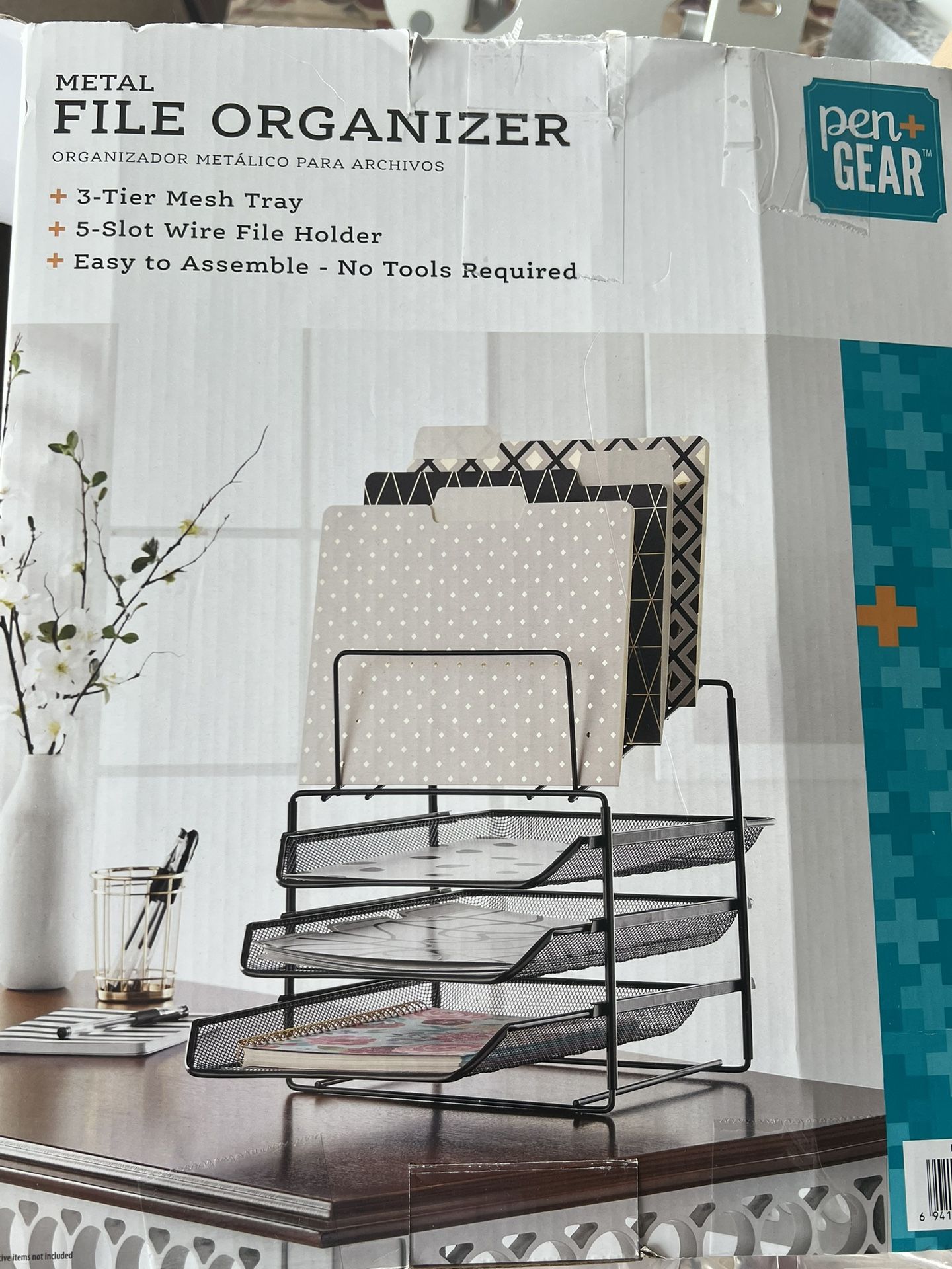 Metal File Organizer By Pen + Gear, Black; 3 Tier Mesh Tray, 5-Slot Wire File Holder
