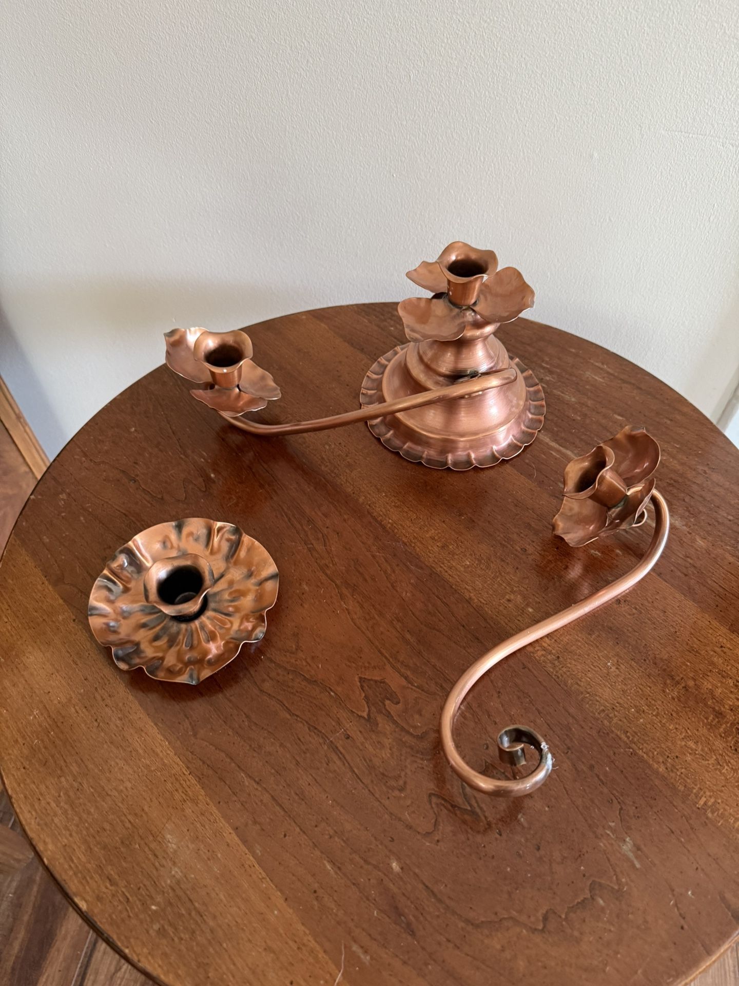Georgian Copper Candelabra Twist 3 Candlestick Holders Rose Flower Broken