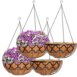 4packs 16" Hanging Planter Basket with Coco Liner, Metal Round Wire Plant Holder with Chain for Porch Decor Planter Pot Hanger Garden Lawn Decoration 