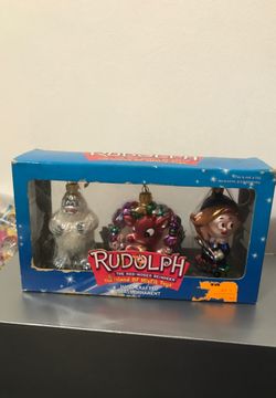 Rudolph the red nosed reindeer and the island of misfit toy hand crafted glass ornaments 2002