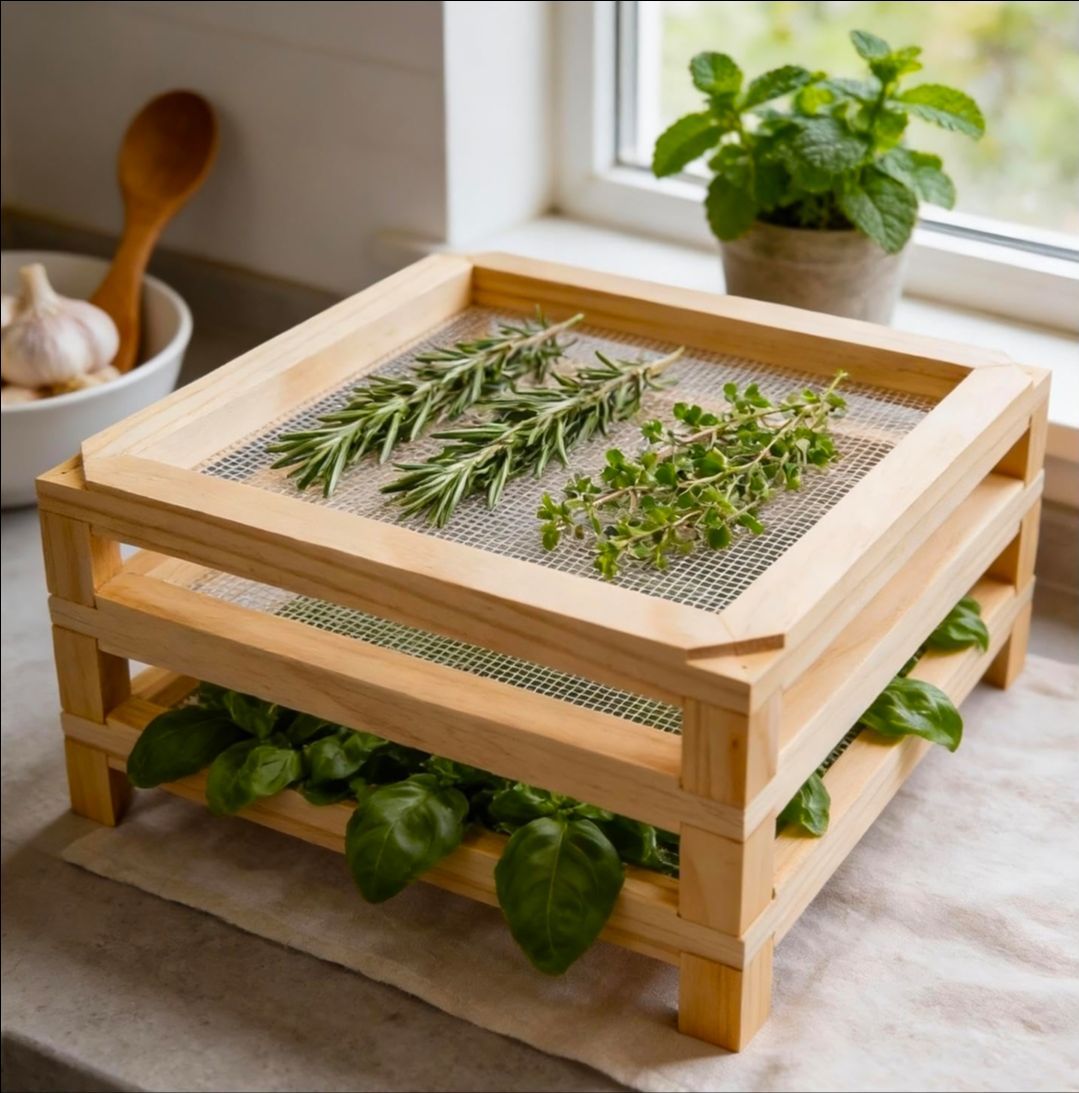 11.8in Square Wooden Desktop Herb Drying Rack - No-Drill Stackable Mesh Drying Rack | Dries Herbs, Flowers, Pasta & Veggies | Apartment Kitchen Counte