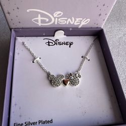 DISNEY Mickey and Minnie diamond With Pink Heart charm and silver Necklace (NEW)