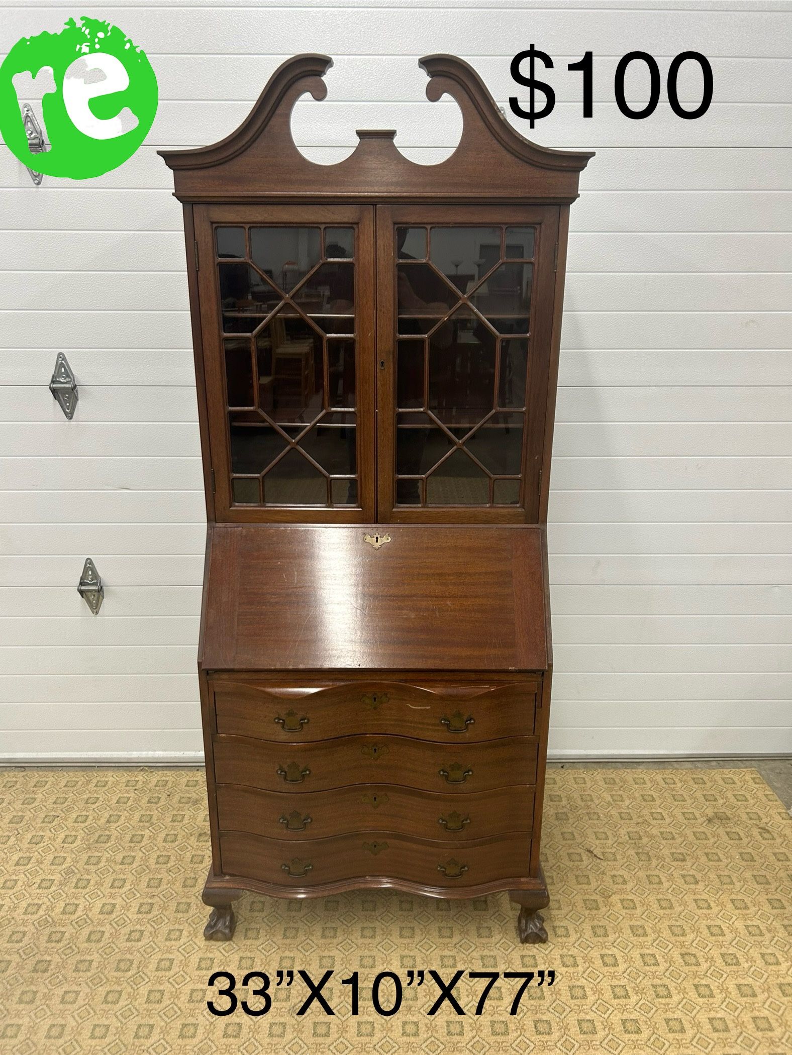 Vintage Antique Solid Mahogany Secretary Desk with Bookcase Top