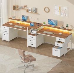 White & Brown 2 Person Desk with 9 Fabric Drawers