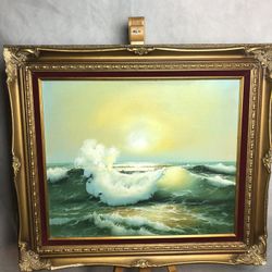 Waves, Coastal, Ocean, Daytime Painting. Signed Winslow, Gold Frame (as-is) With Red Velvet Liner, 20”x24”