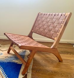 Woven Leather Wood Lounge Chair - Armless