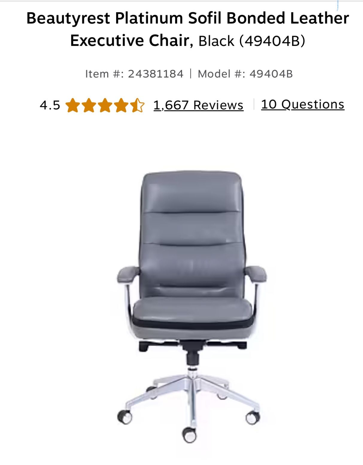 Office Chair Beauty Rest Platinum Leather Executive Chair
