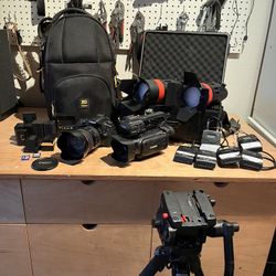 Canon EOS 6D with lens, Cannon XA20 camcorder, Came-TV lights, tripod, lapel mics