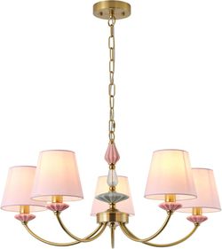 Pink Chandelier for Bedroom Light Fixture, Brushed Gold Art Deco Chandelier with Fabric Shade