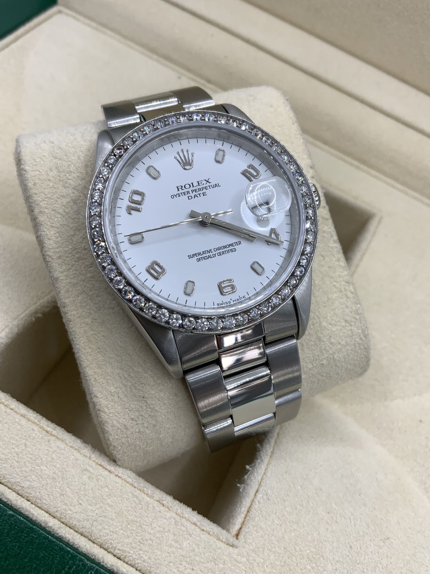 Rolex Date Oyster Perpetual White Dial With Diamond Bezel 