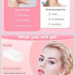 Invisible Face Lift Tape,60PCS Face Lifting Tapes and Bands with Strings,Instant Face Lifter for Women Neck,Eyes,Double Chin,Sagging Skin,Face Tape fo