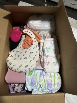 Mystery Baby Box – size 4 luvs and Size 5 Diapers, 12-Month Clothes, unopened Gripe Water & More!
