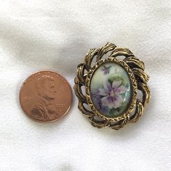 Miniature Painted Floral Porcelain Cameo Ornate brooch